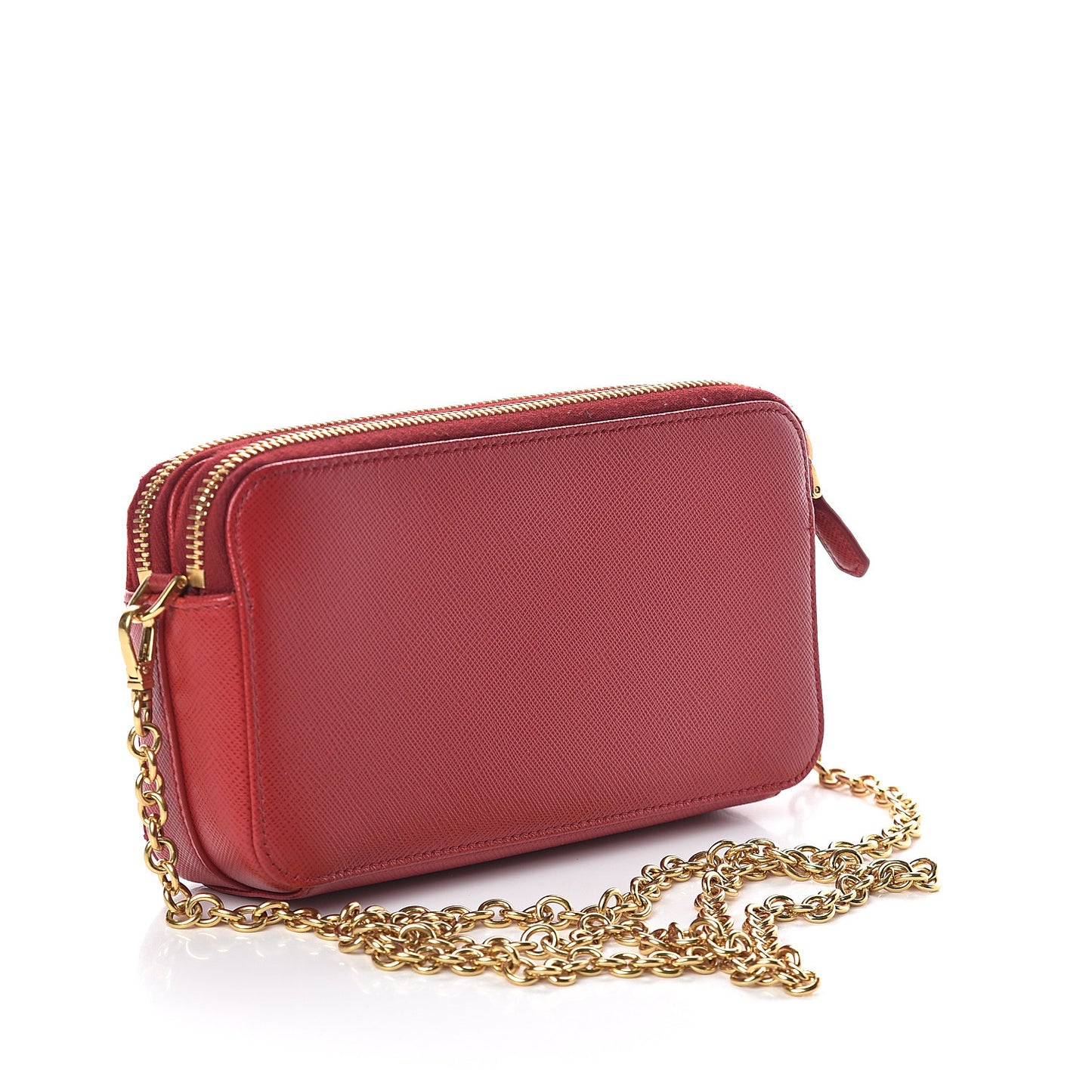Saffiano Lux Mini Double Zip Chain Crossbody Bag Fuoco
