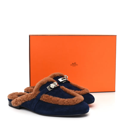 Hermes Suede Goatskin Woolskin Womens Oz Mules 37 Marine Gold 9 of 9