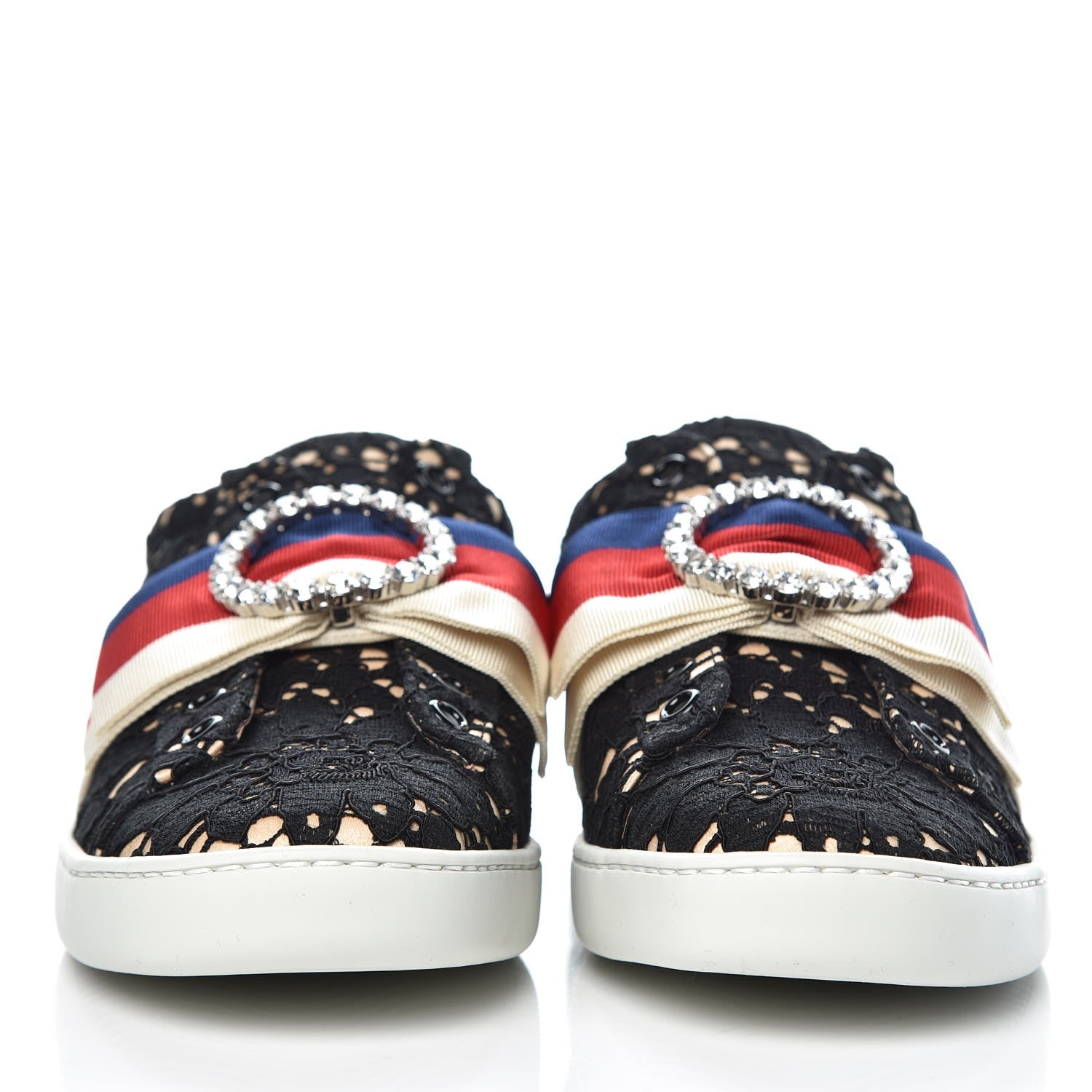 Gucci Lace Crystal Sylvie Web Flower Leaf Womens Ace Sneakers 37 Black Tan Beige 2 of 10