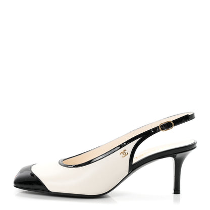 Chanel Lambskin Patent Calfskin Cap Toe CC Slingback Pumps 40 White Black 1 of 10