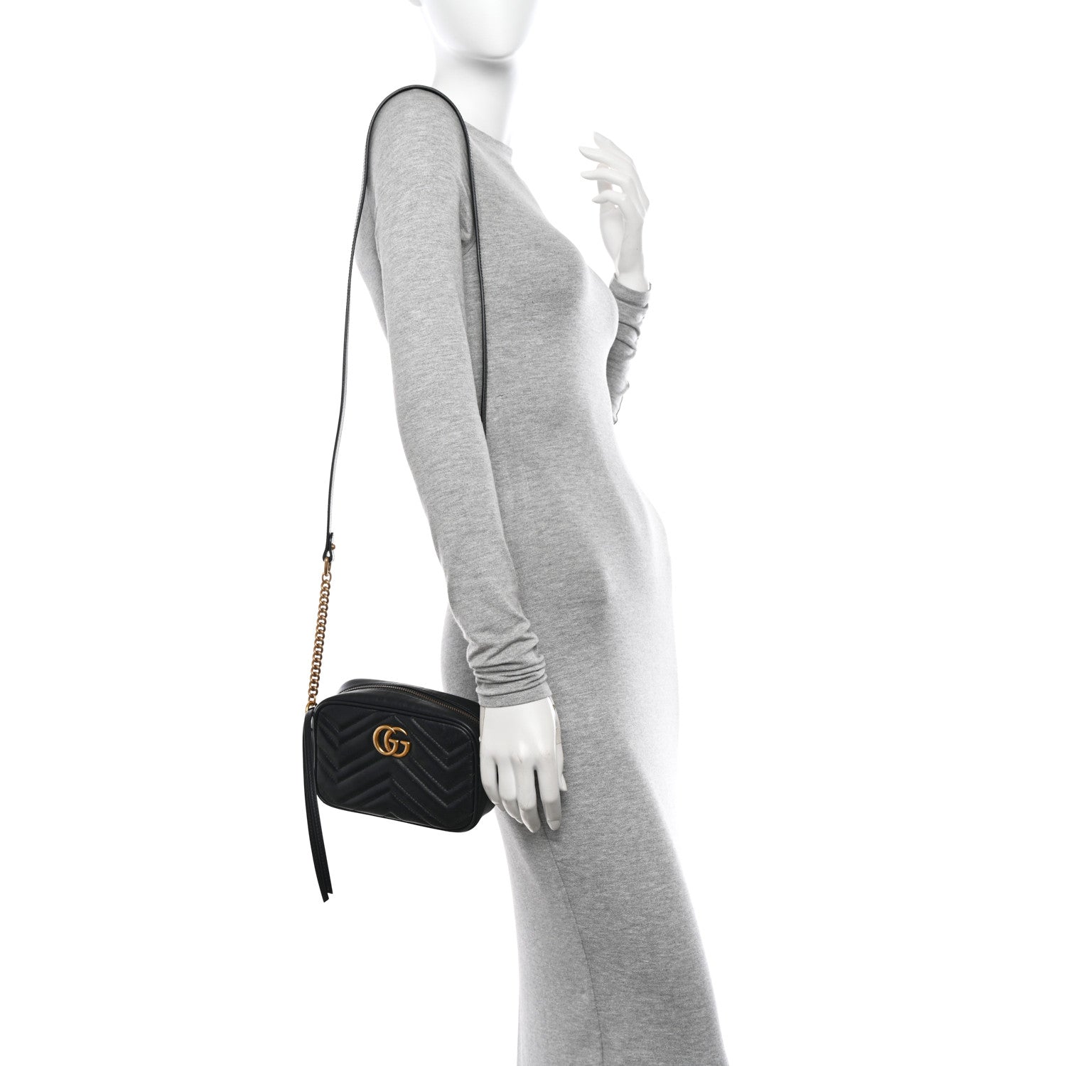 Gucci Calfskin Matelasse Mini GG Marmont Chain Shoulder Bag Black 2 of 11