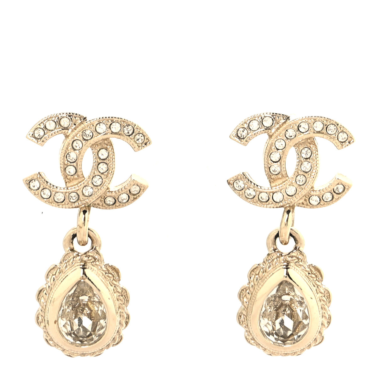 Chanel Metal Crystal CC Tear Drop Earrings Gold 1 of 5