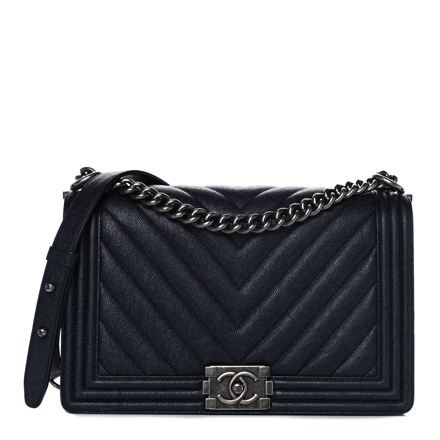 Caviar Chevron Quilted New Medium Boy Flap Dark Navy Blue