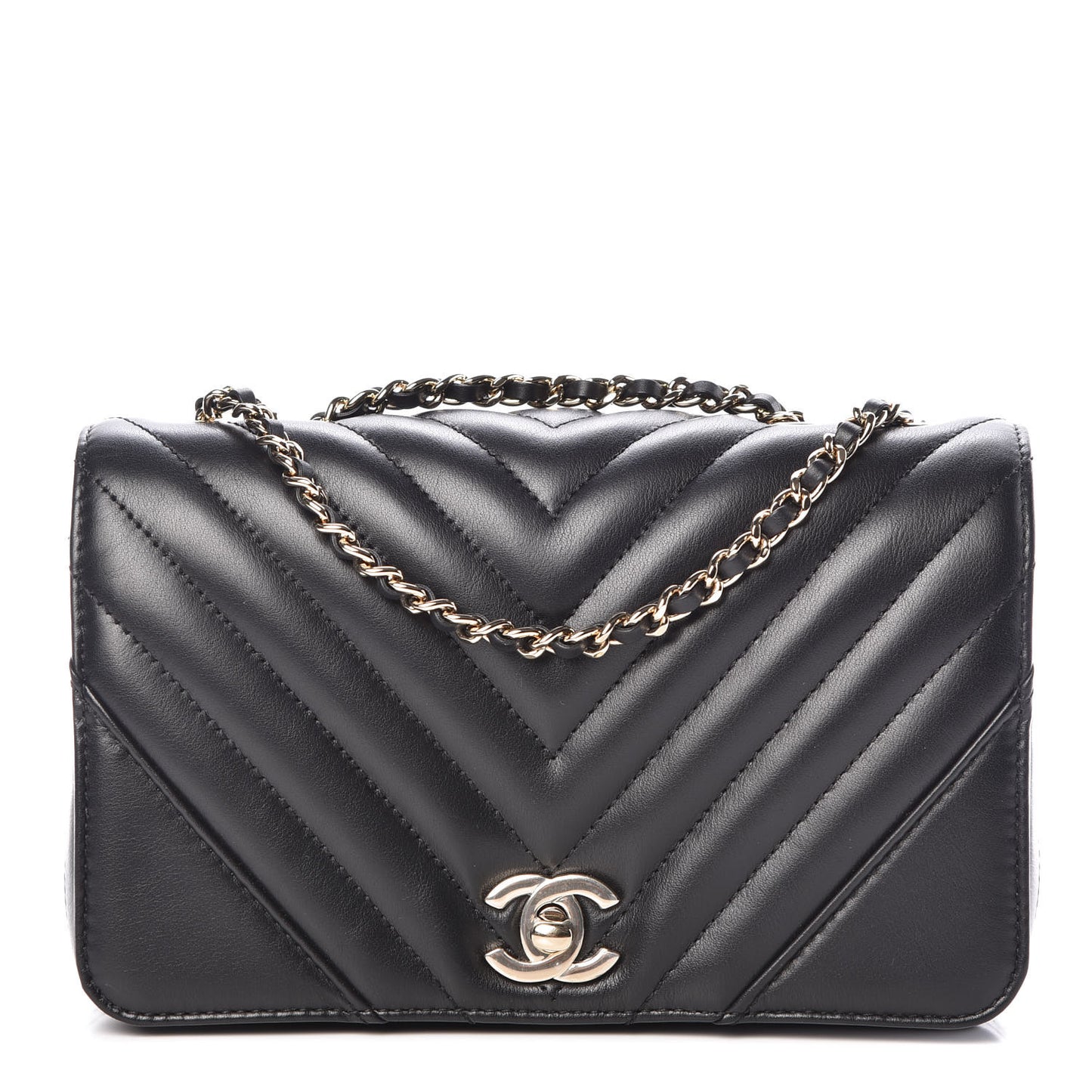 Calfskin Chevron Quilted Mini Statement Flap Black