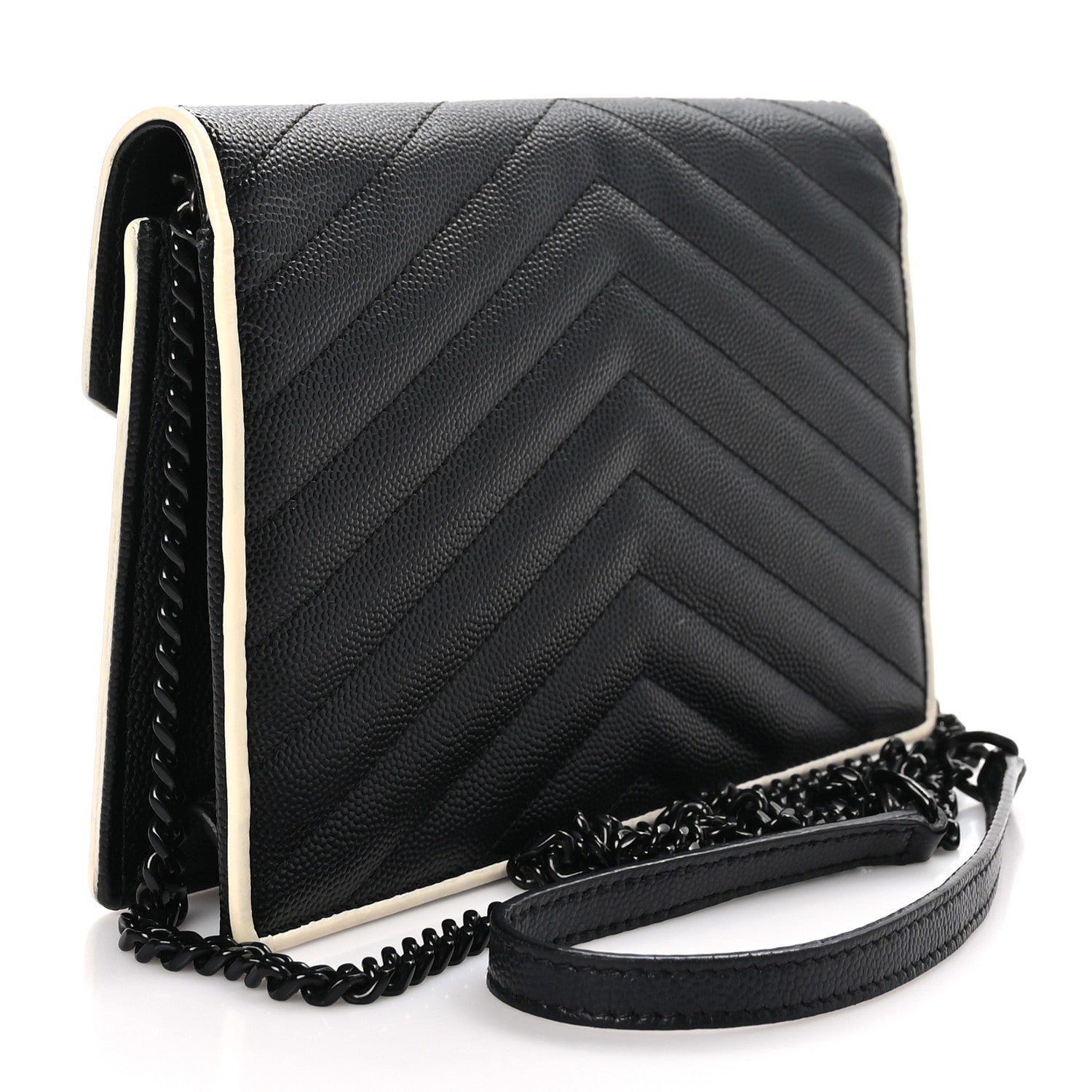 Saint Laurent Grain De Poudre Matelasse Chevron Monogram Envelope Chain Wallet Black White 3 of 10