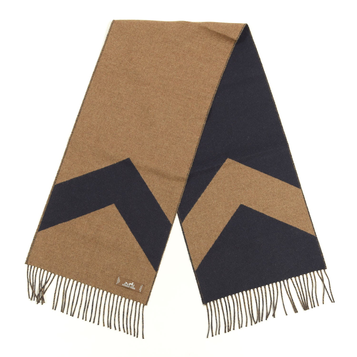 Hermes Cashmere Casaque Chevron Muffler Camel Marine 2 of 4