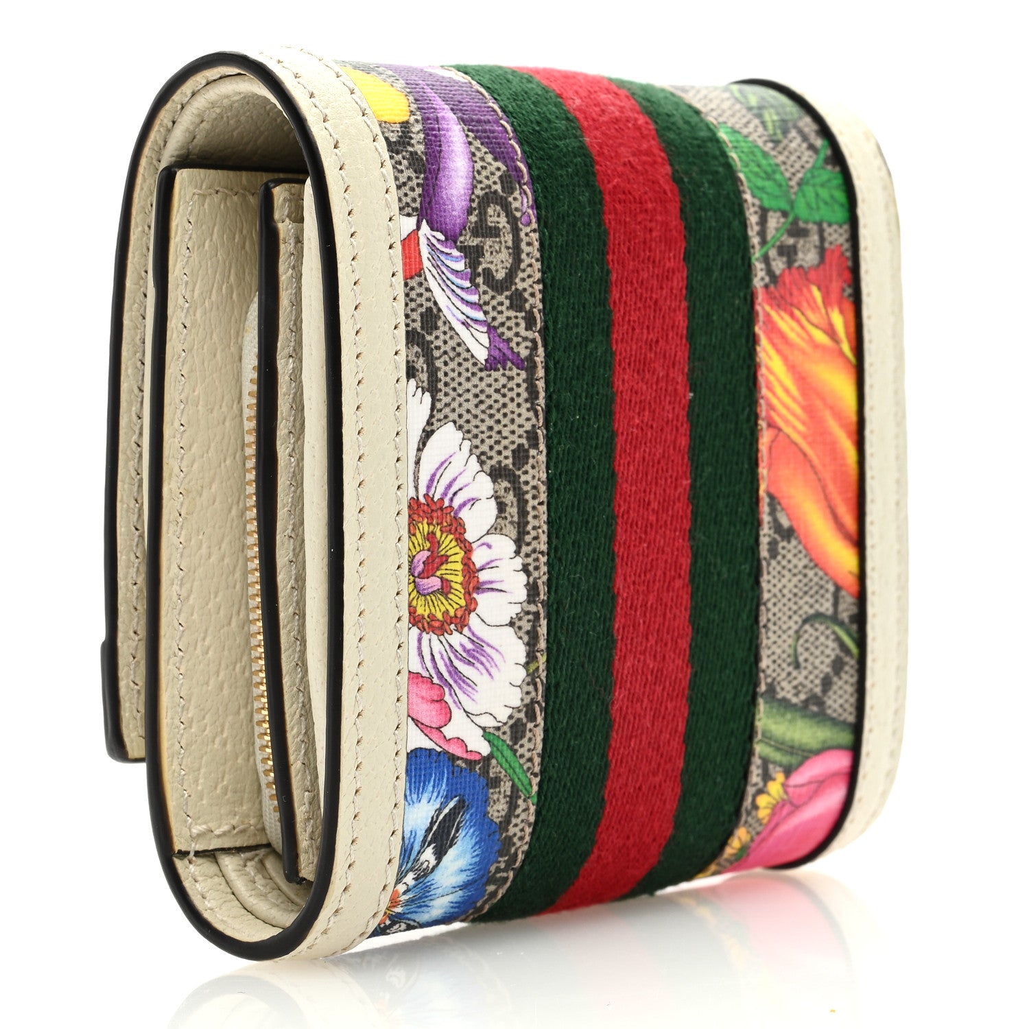 Gucci GG Supreme Monogram Flora Textured Calfskin Web Ophidia Card Case Wallet Beige Ebony Multicolor Mystic White 3 of 6