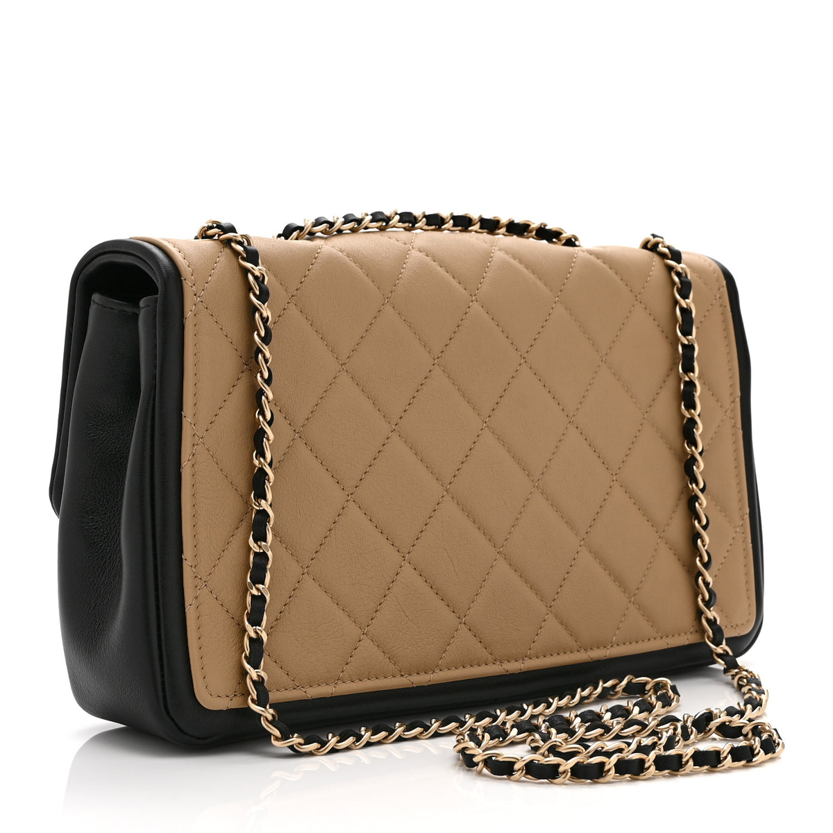 Lambskin Quilted Medium Graphic Flap Beige Black