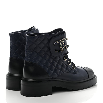 Chanel Lambskin Calfskin Quilted Lace Up Combat Boots 39 Navy Black 4 of 11