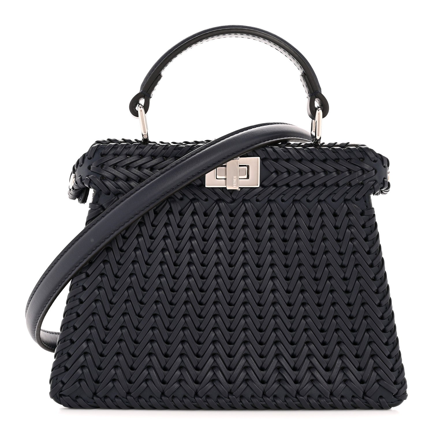 Fendi Vitello King Shiny Nappa Intreccio Petite Peekaboo I SEE U Satchel Midnight 1 of 12