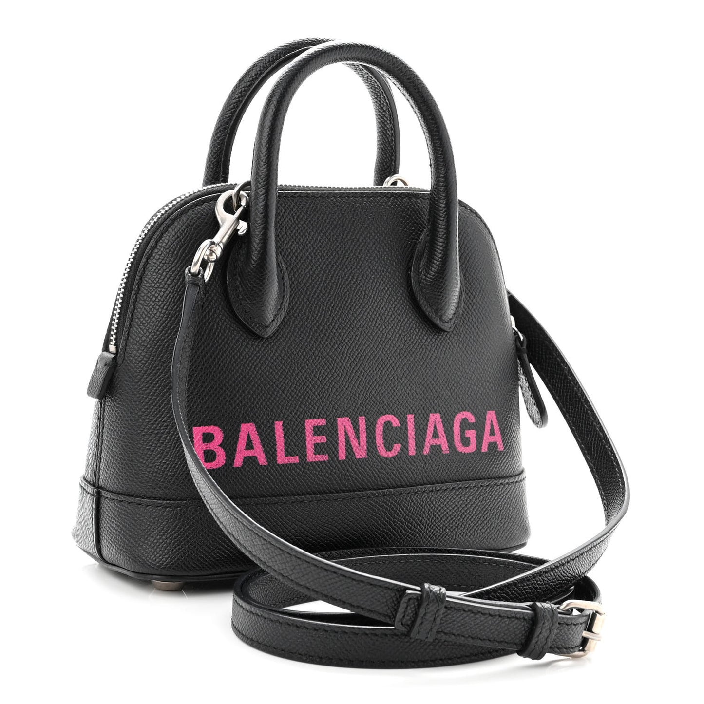 Signature Grained Calfskin Logo XXS Ville Top Handle Bag Black Rose Shocking