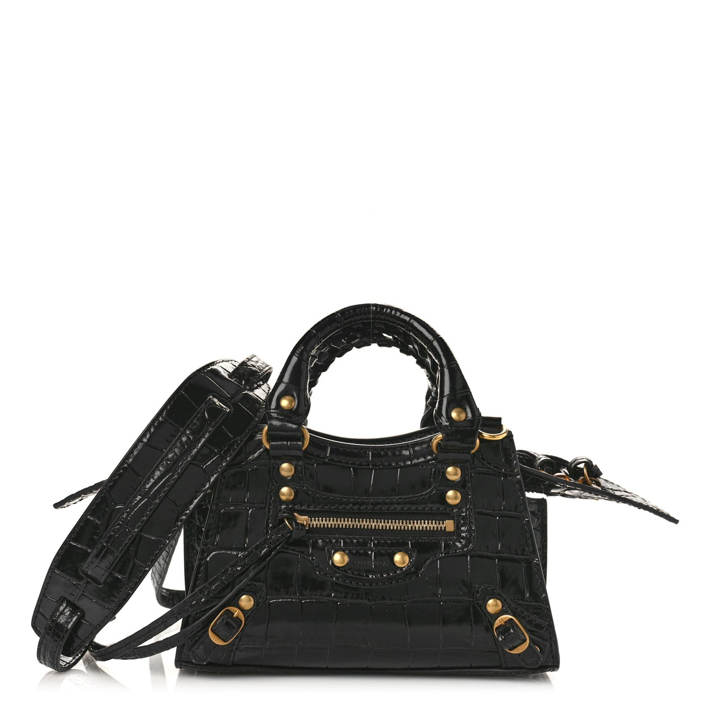 Shiny Supple Calfskin Crocodile Embossed Neo Classic Gold Hardware Nano City Crossbody Black