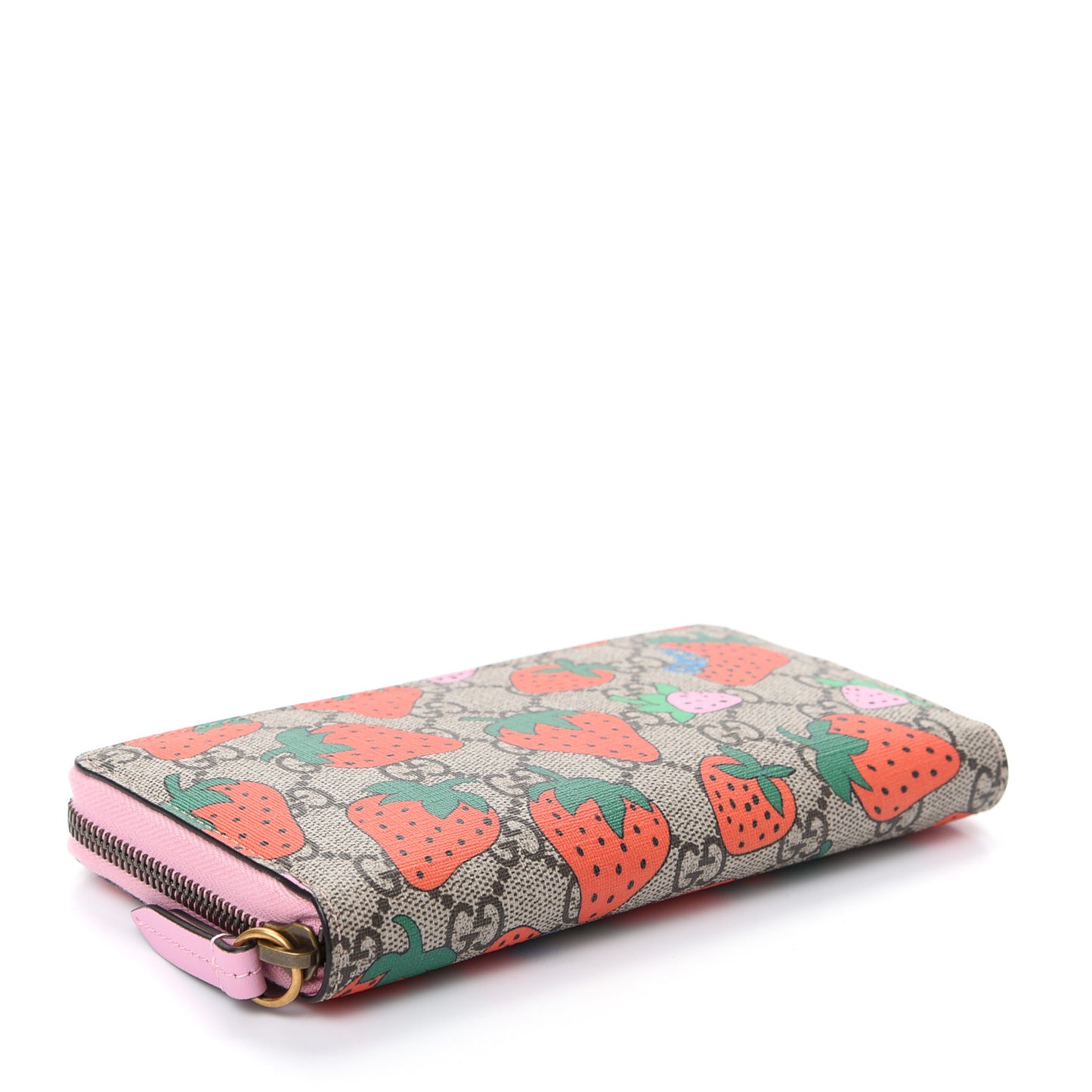 GG Supreme Monogram Strawberry Zip Around Wallet Light Pink