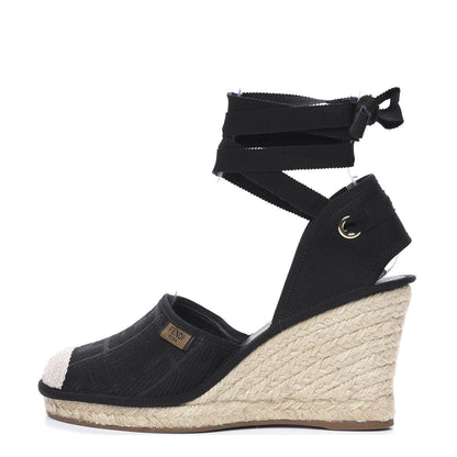 Fendi Canvas FF Embroidered Roma Ankle Wrap Espadrille Wedges 39 Black 1 of 8