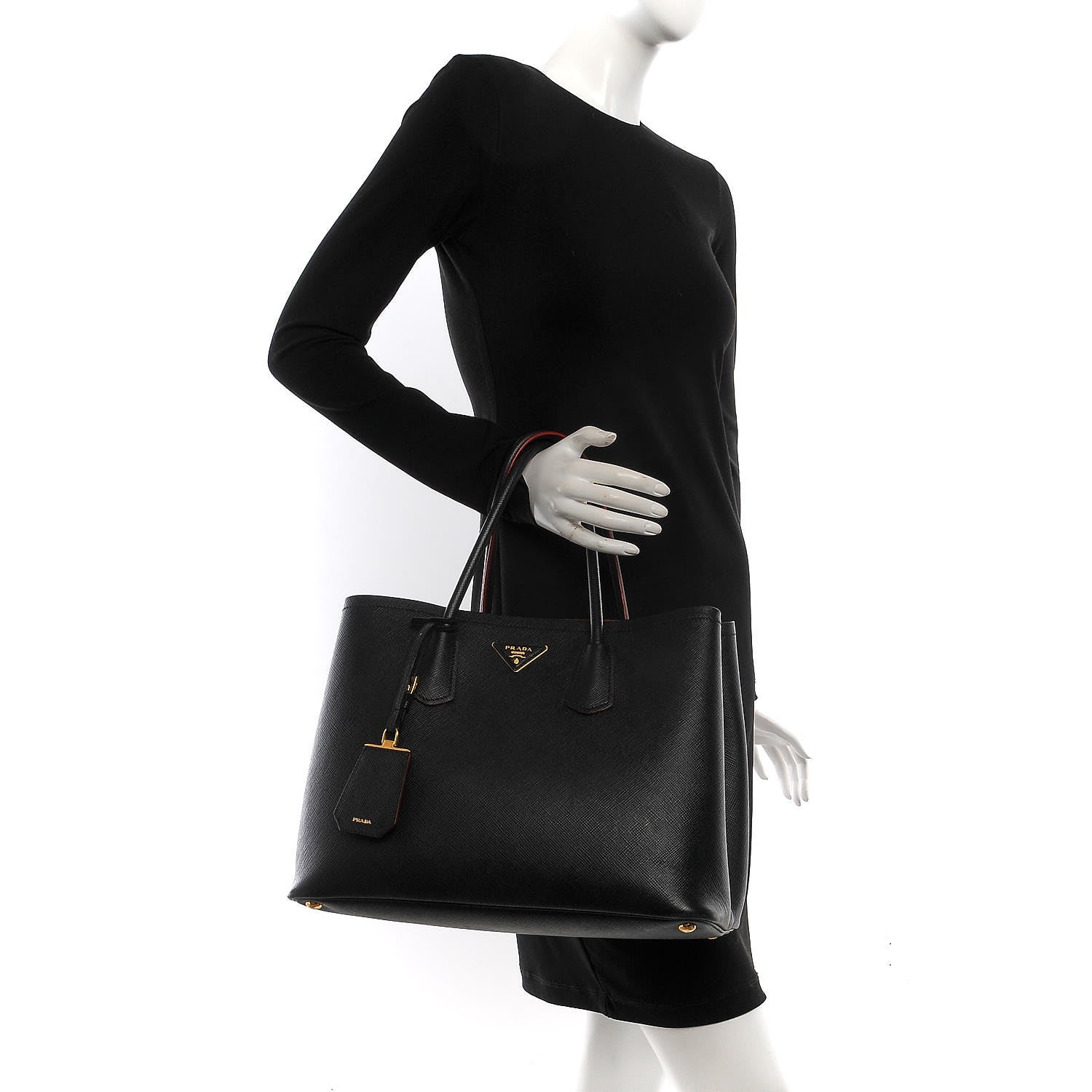 Prada Saffiano Cuir Large Double Bag Black Ciliegia 2 of 6