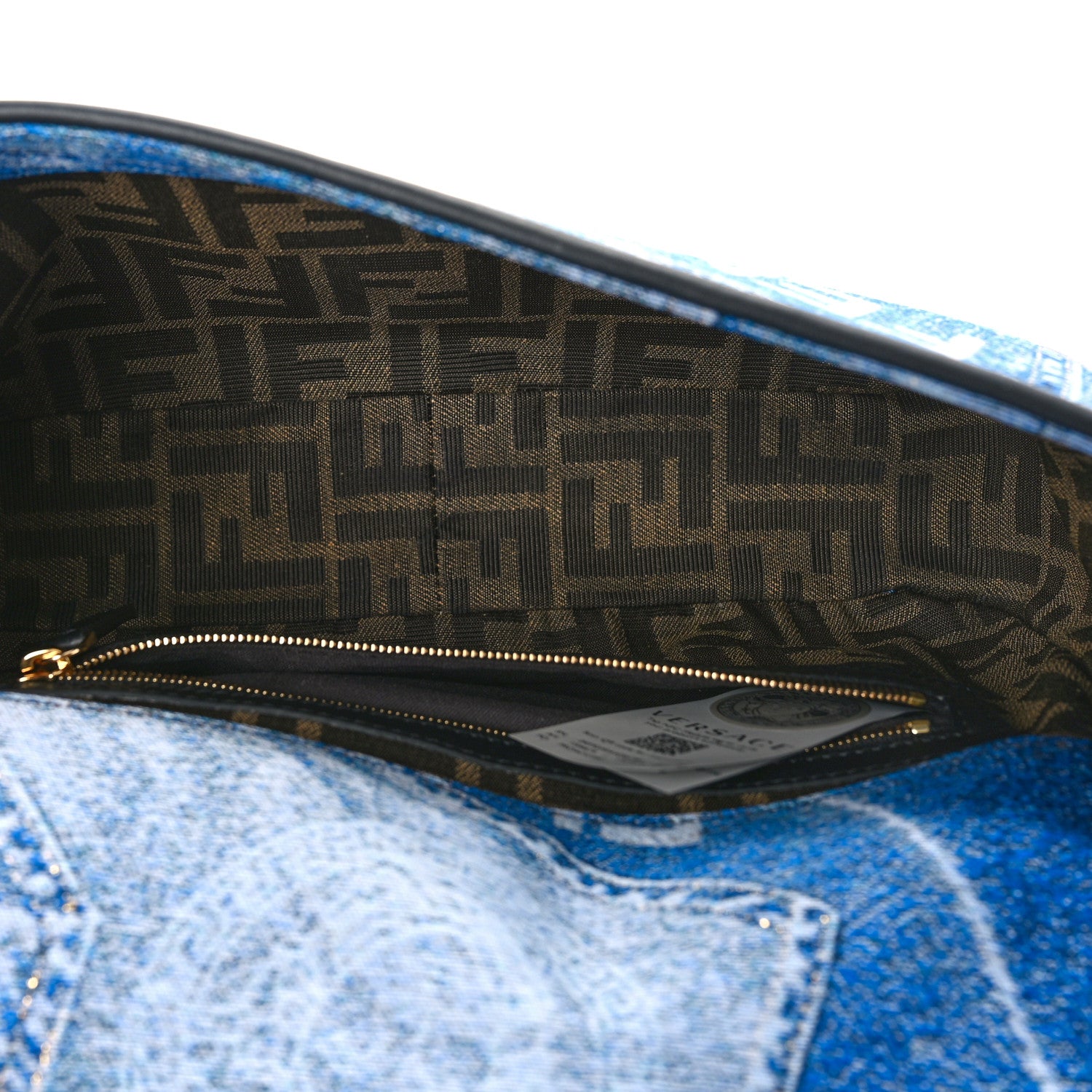 Versace X FENDI Fabric Calfskin Medusa Denim Patchwork Print Baguette Blue Black Gold 5 of 8