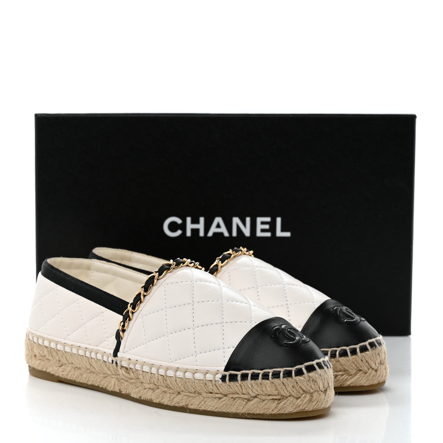 Chanel Lambskin Grosgrain Quilted CC Chain Espadrilles 36 White Black 9 of 9