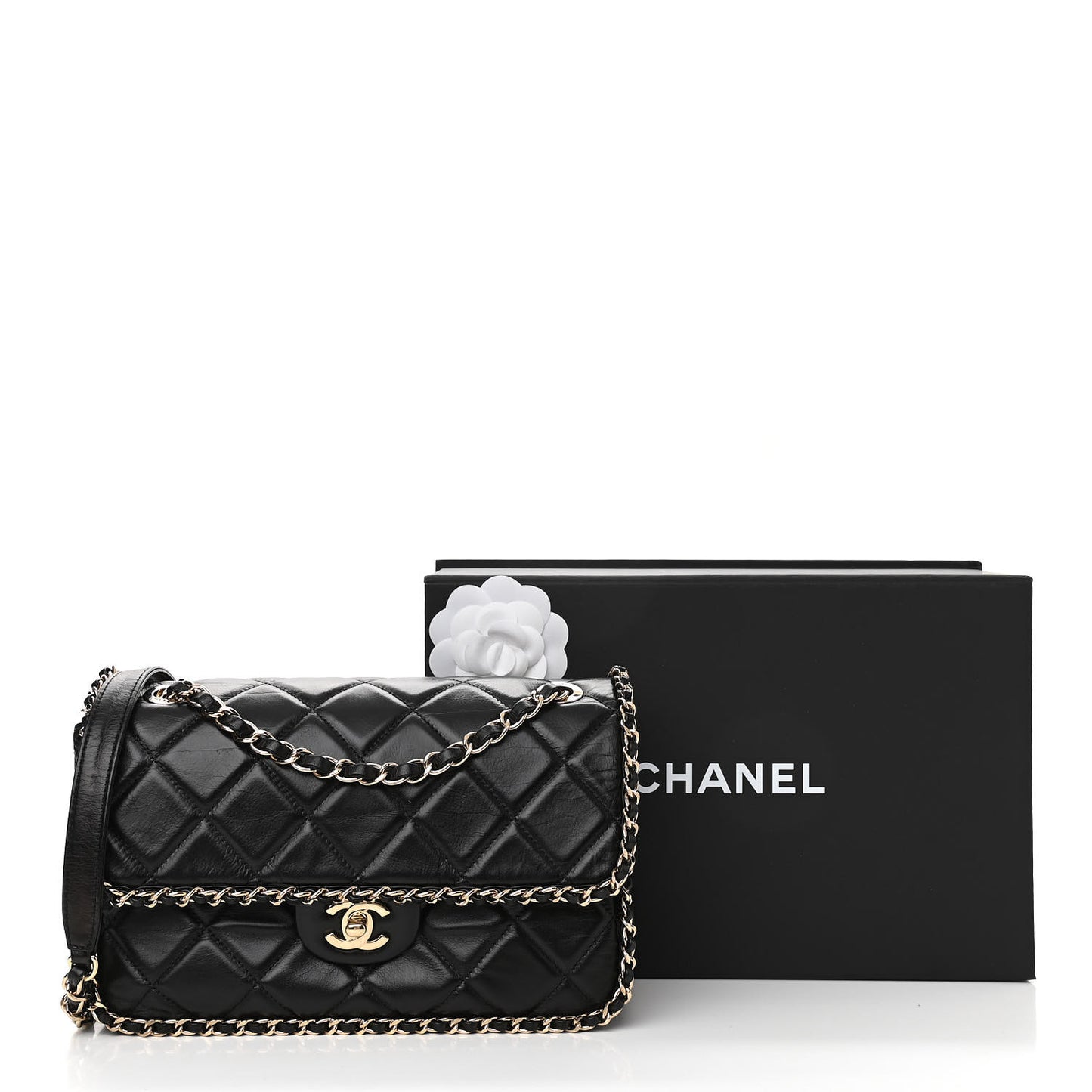 Crumpled Calfskin Quilted Large Chain All Over Flap Bag Black