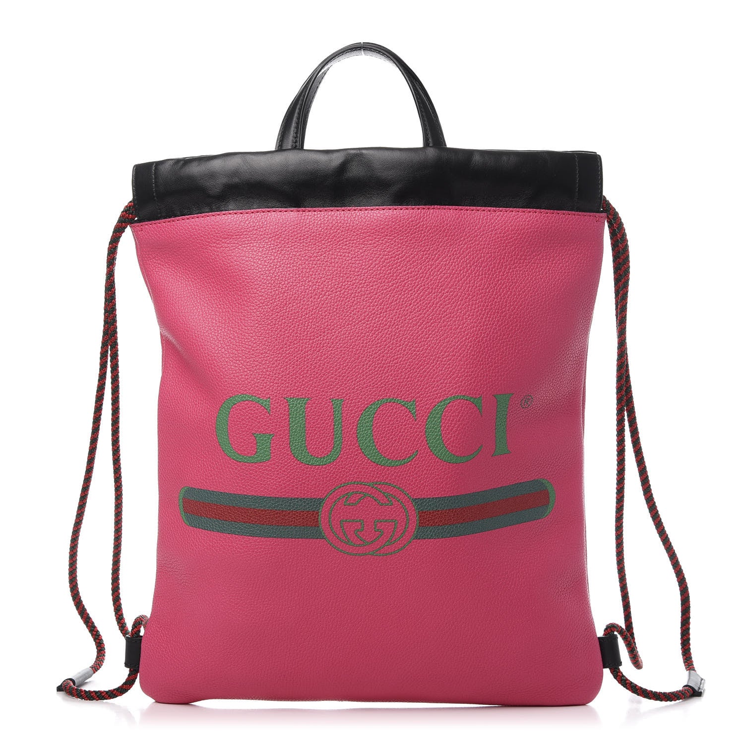 Gucci Grained Calfskin Logo Drawstring Backpack Box Pink Green Black 2 of 12