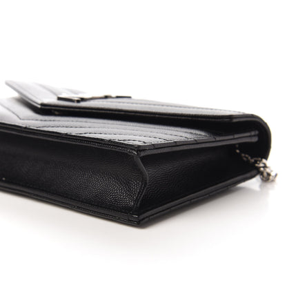 Saint Laurent Grain De Poudre Matelasse Chevron Monogram Envelope Chain Wallet Black 7 of 10