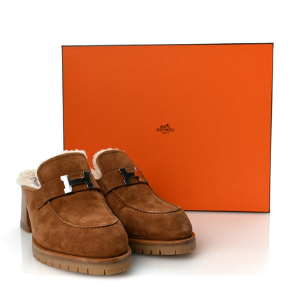 Hermes Suede Goatskin Woolskin Flore 60 Mules 39 Brun Amourette Ecru 9 of 9