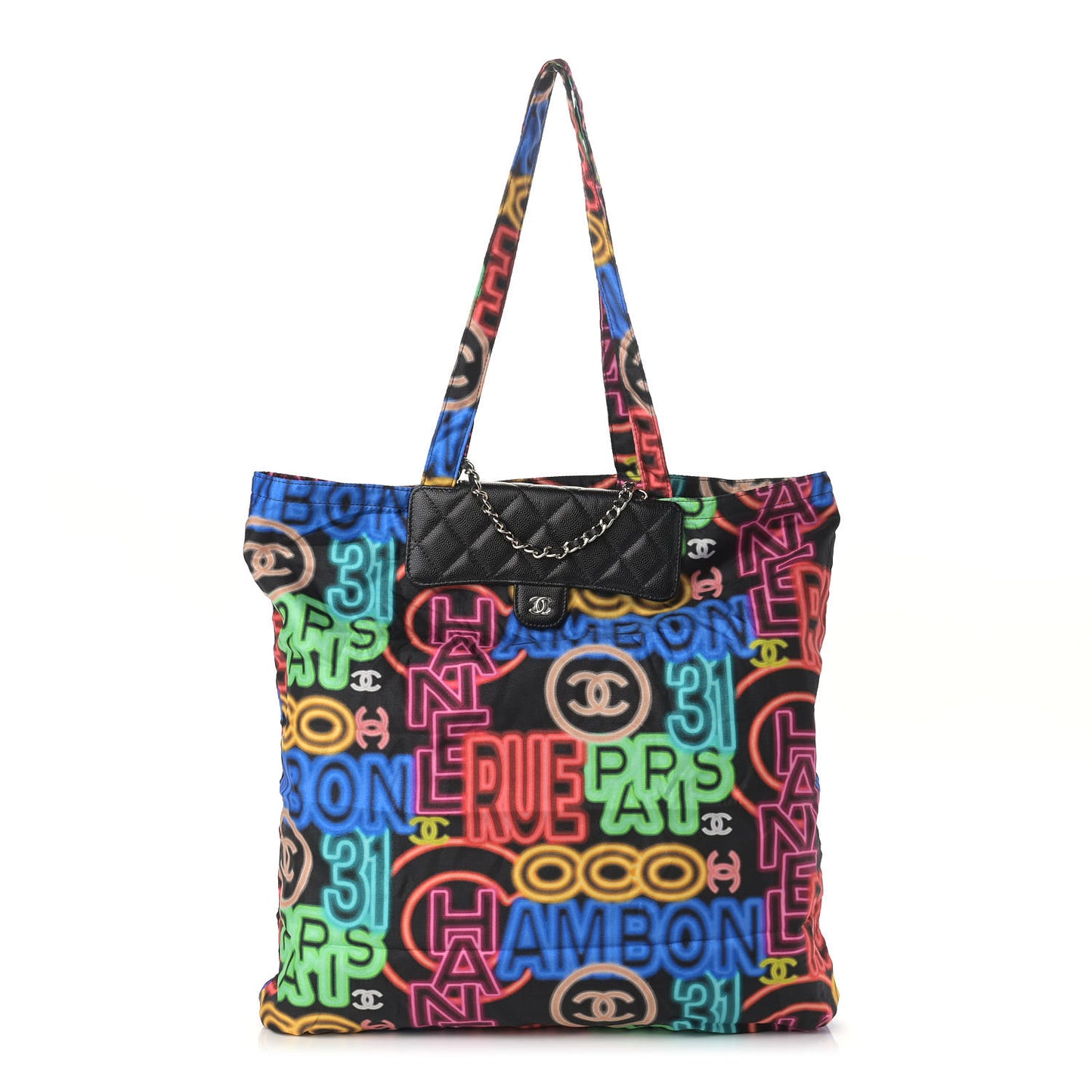 Caviar Fabric Graffiti Foldable Tote Bag With Chain Black Multicolor