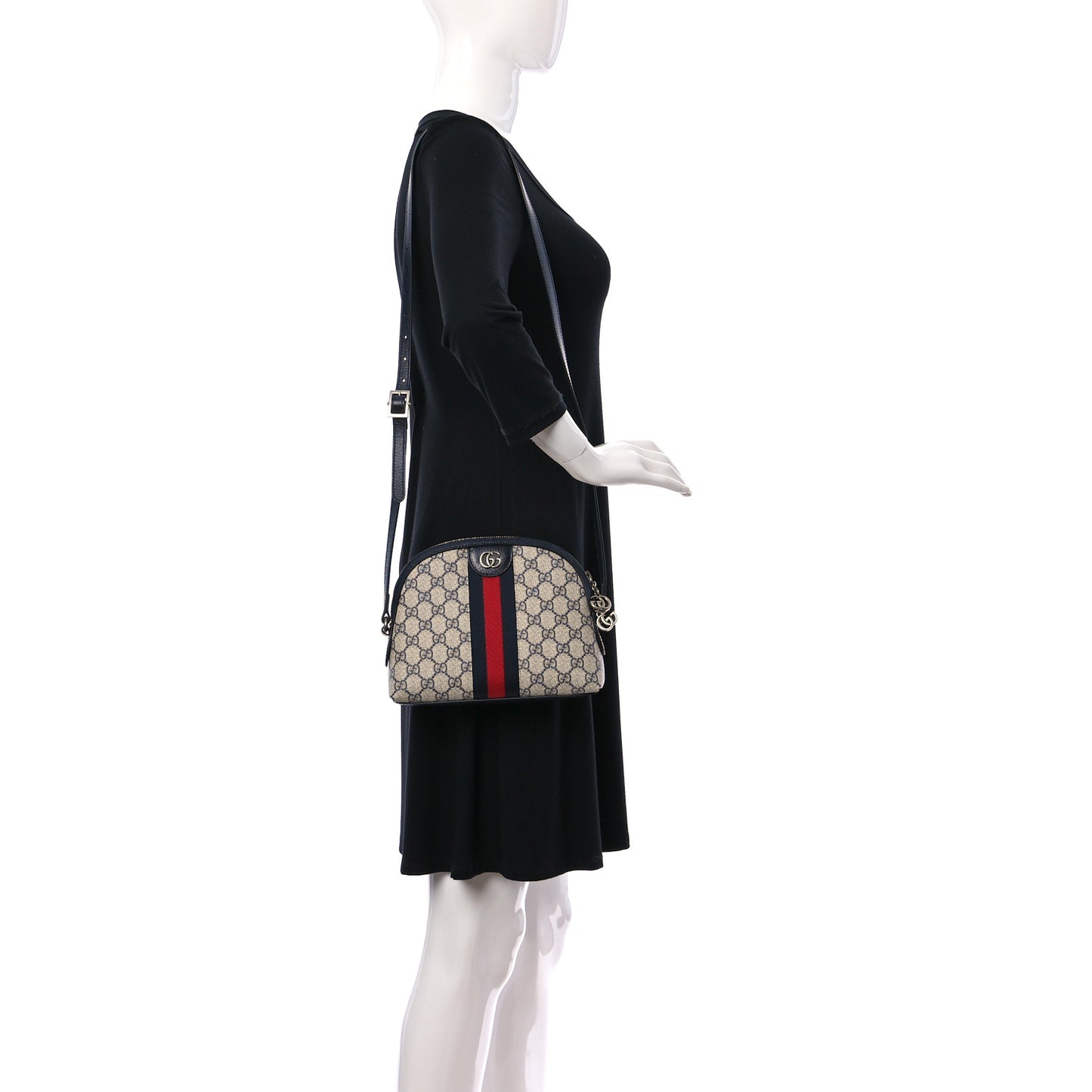 GG Supreme Monogram Textured Dollar Calfskin Web Small Ophidia Dome Shoulder Bag Beige Blue