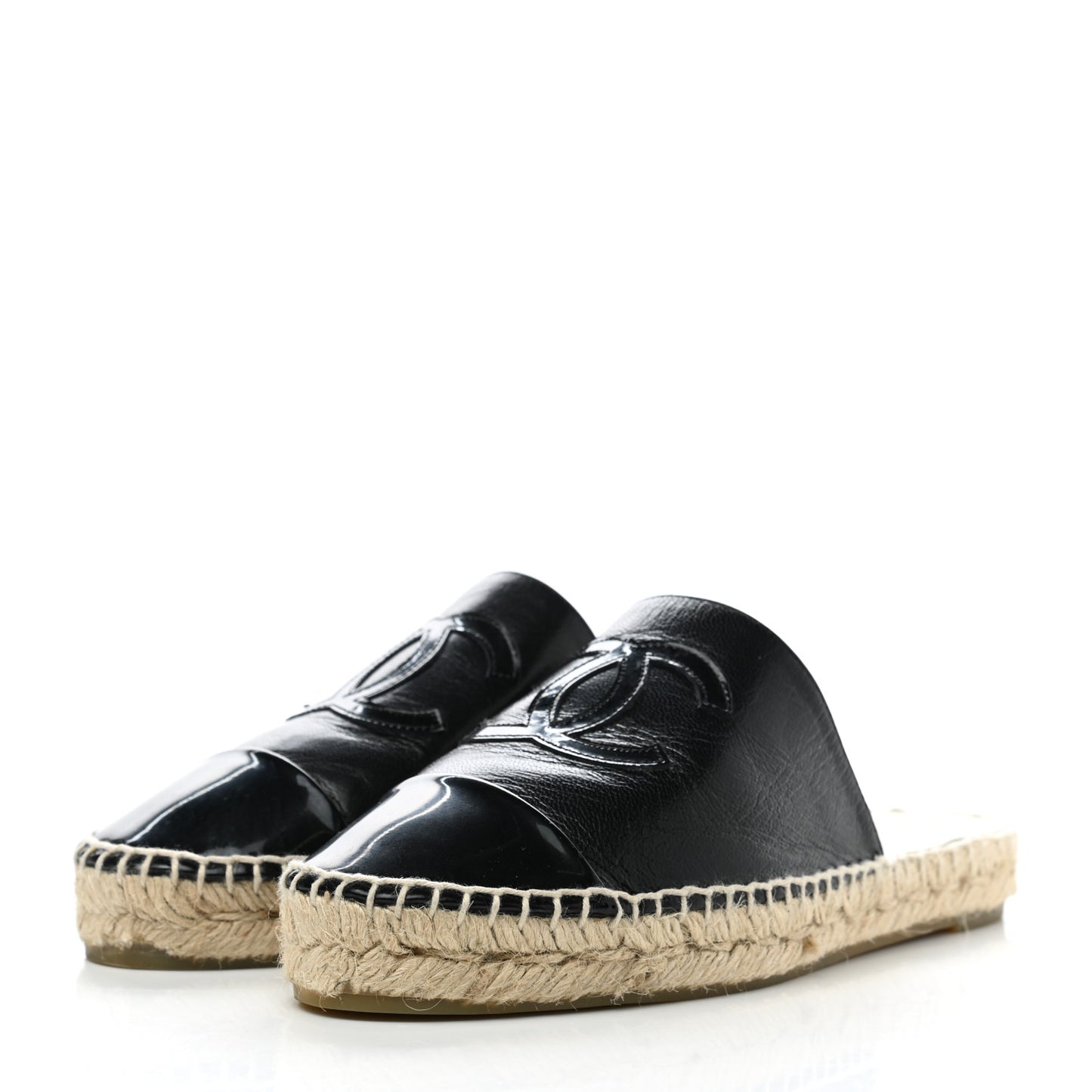 Goatskin Patent Calfskin CC Espadrille Mules 36 Black