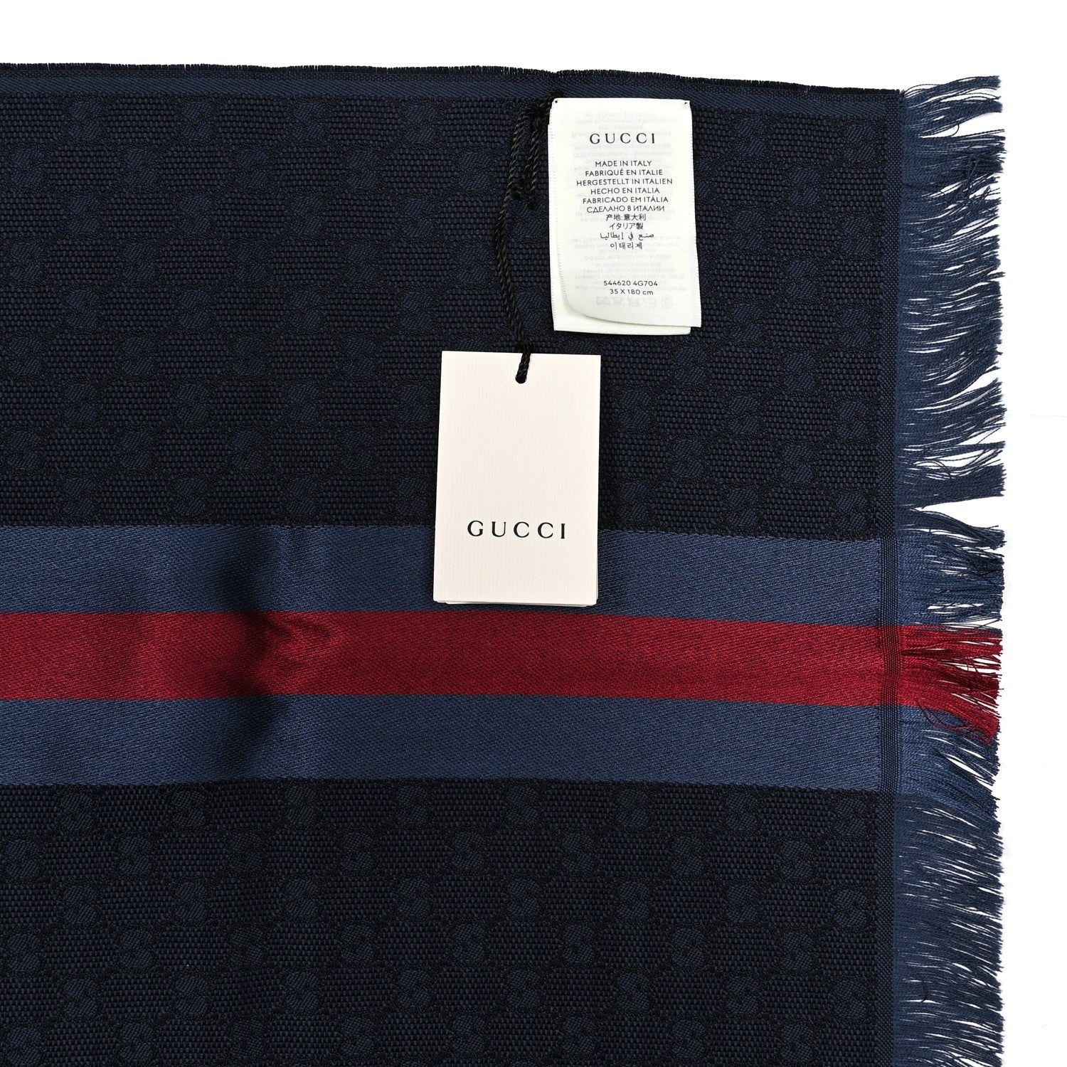 Gucci Wool Silk GG Monogram Web Verbiere Fringe Scarf Navy Blue 3 of 4