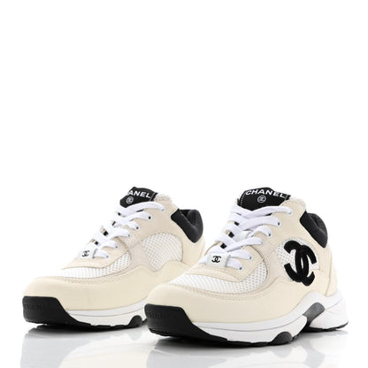 Chanel Mesh Suede Calfskin Grained Calfskin Womens CC Sneakers 37.5 White Black 3 of 10