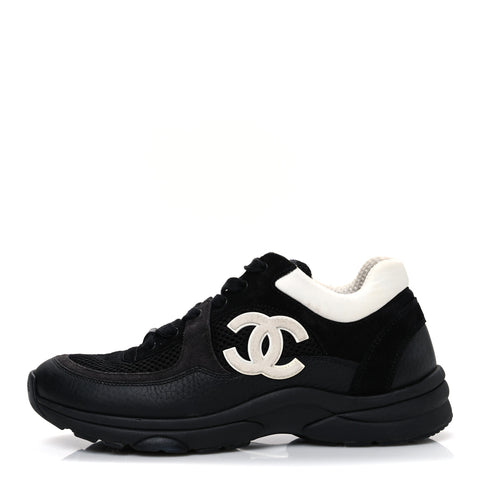 Mesh Suede Grained Calfskin Womens CC Sneakers 37.5 Black White