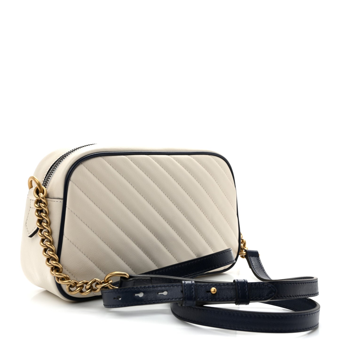 Vintage Effect Calfskin Matelasse Diagonal Small Torchon GG Marmont Chain Shoulder Bag Mystic White Blue Agata