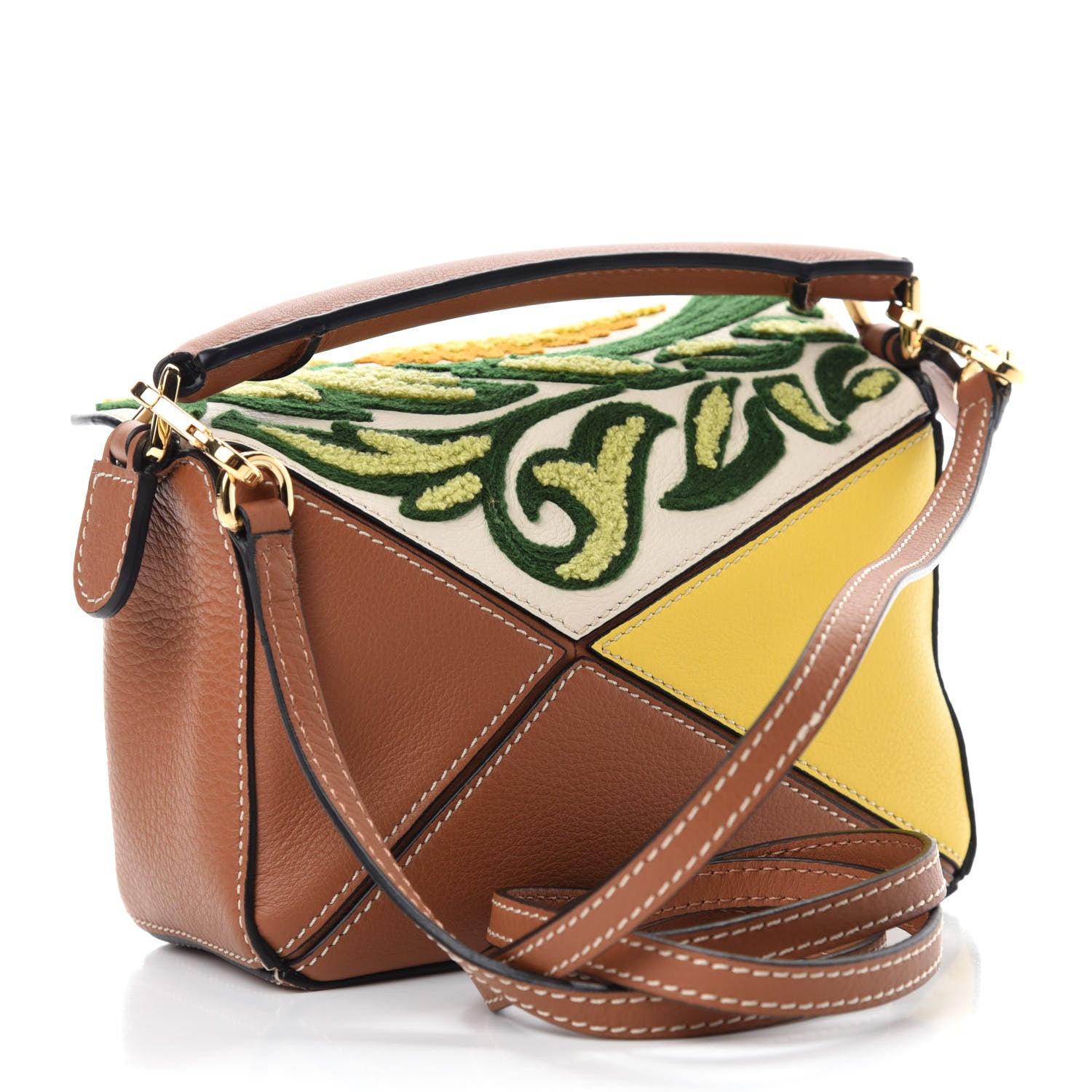 Loewe Calfskin Embroidered Floral Mini Puzzle Bag Tan Yellow 3 of 10