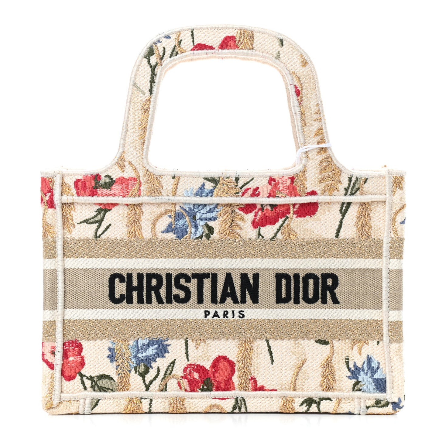 Canvas Embroidered Hibiscus Printed Mini Book Tote Beige Multicolor