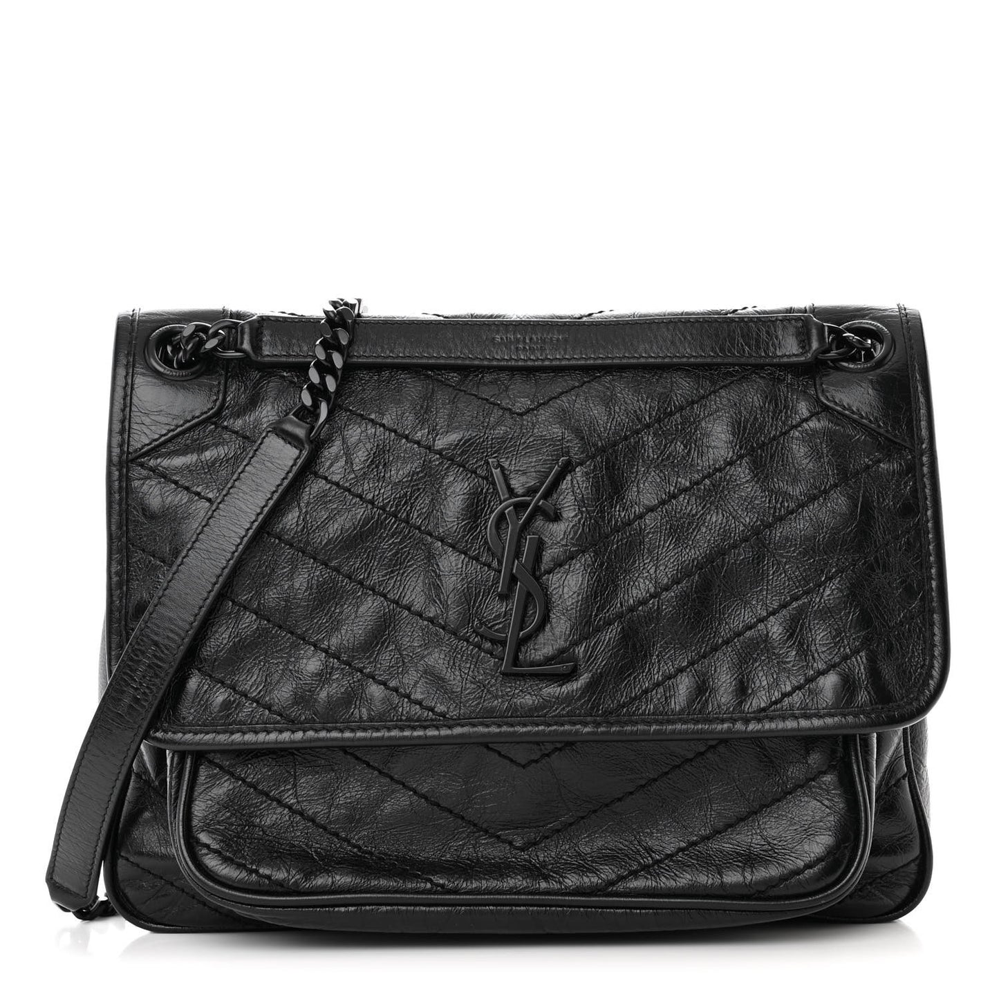 Crinkled Calfskin Matelasse Monogram Medium Niki Chain Satchel Black