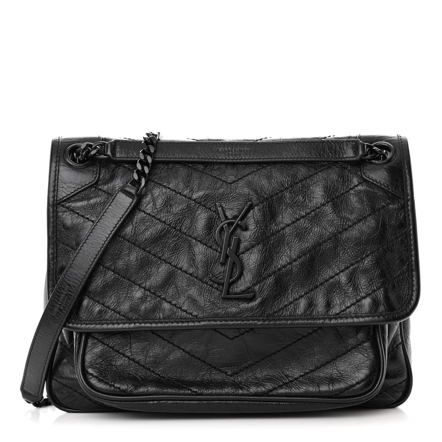 Saint Laurent Crinkled Calfskin Matelasse Monogram Medium Niki Chain Satchel Black 1 of 11