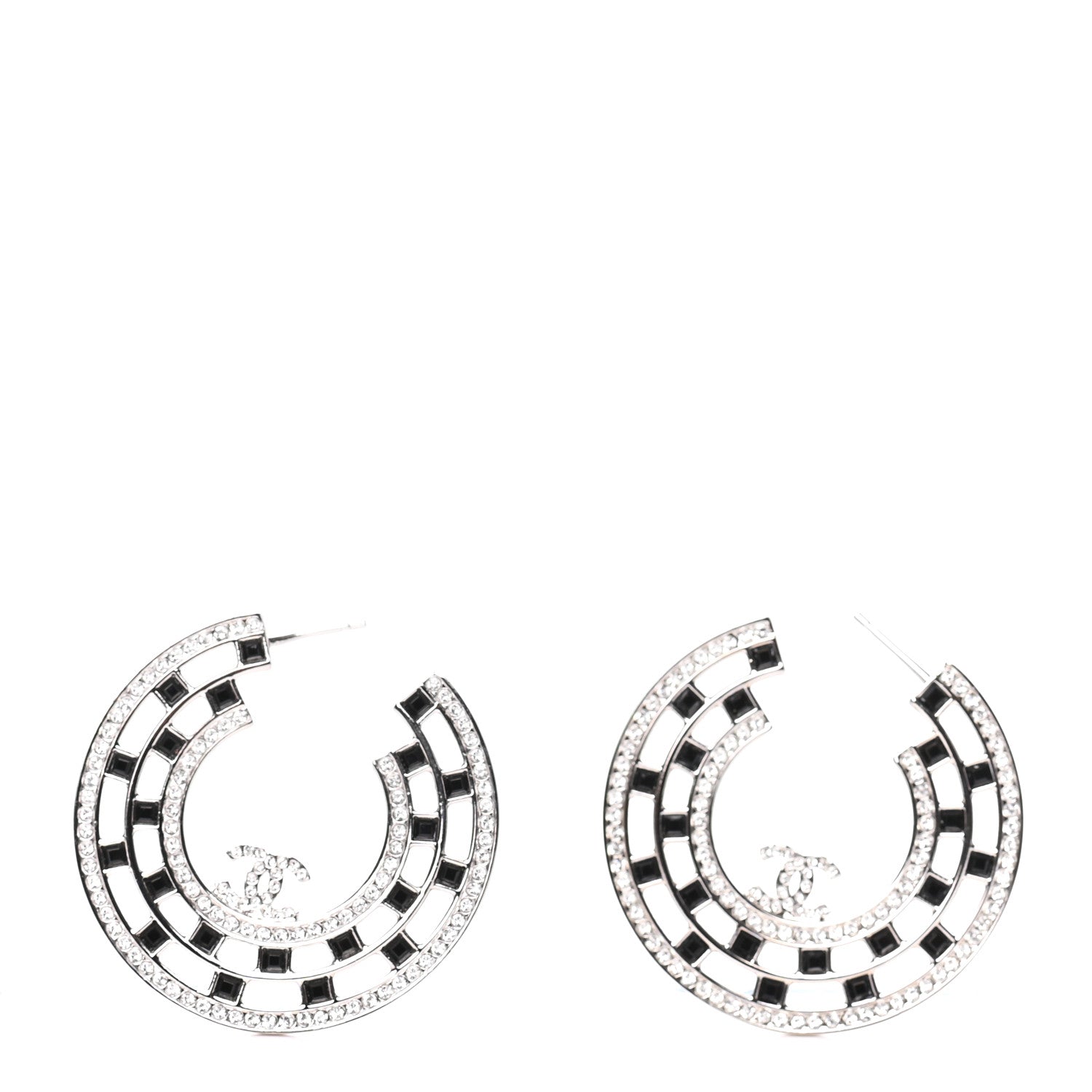 Chanel Baguette Crystal CC Hoop Earrings Silver Black 1 of 6