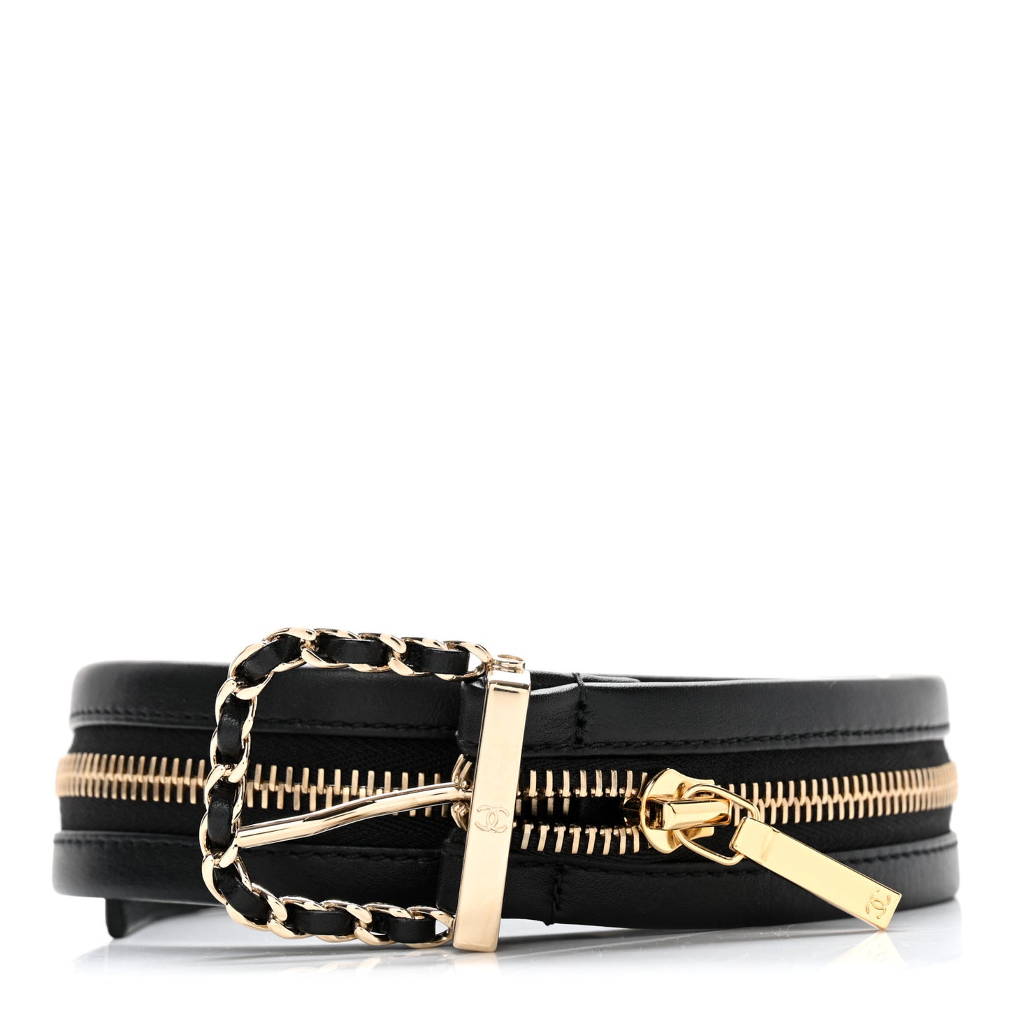 Calfskin Lambskin Zipper Chain CC Belt 65 26 Black