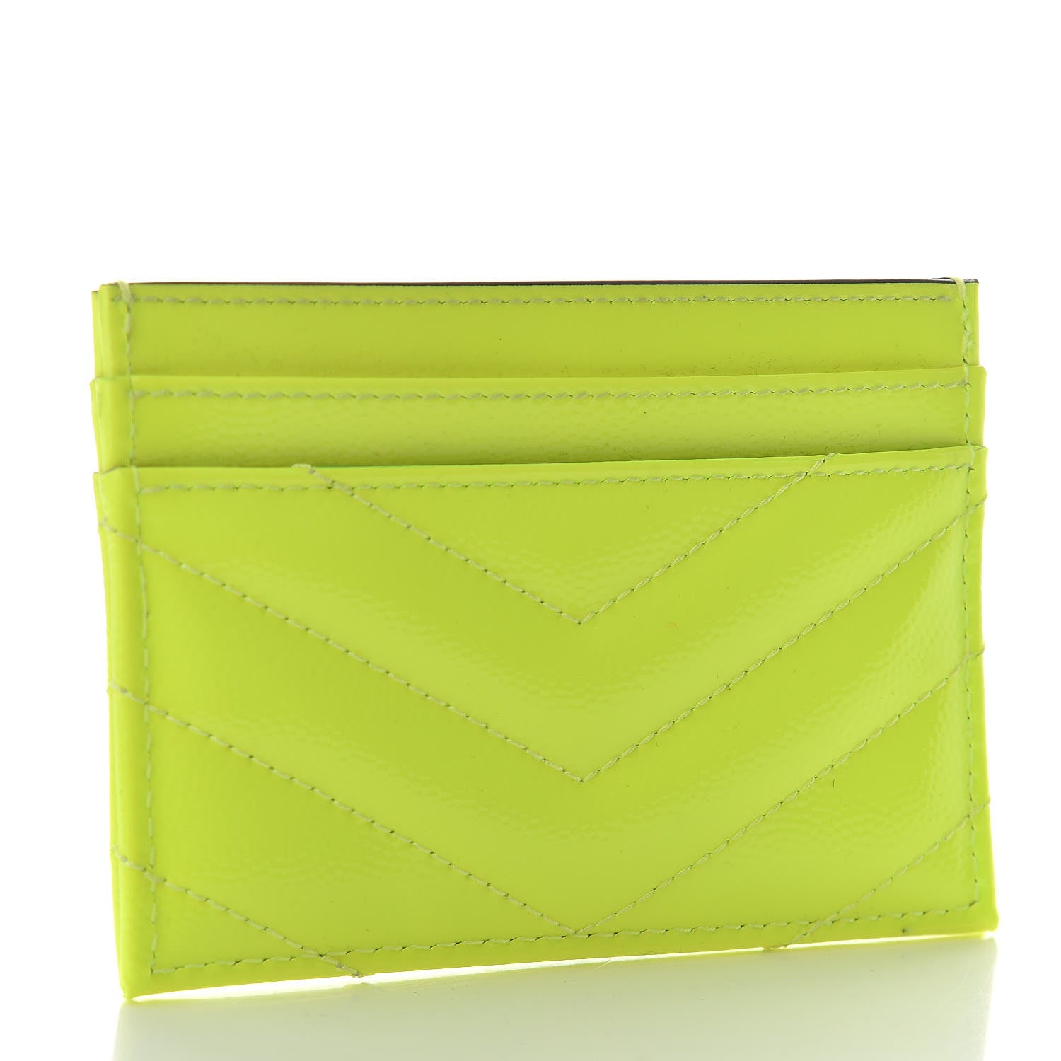 Saint Laurent Patent Grain De Poudre Matelasse Chevron Monogram Credit Card Case Neon Yellow 3 of 8