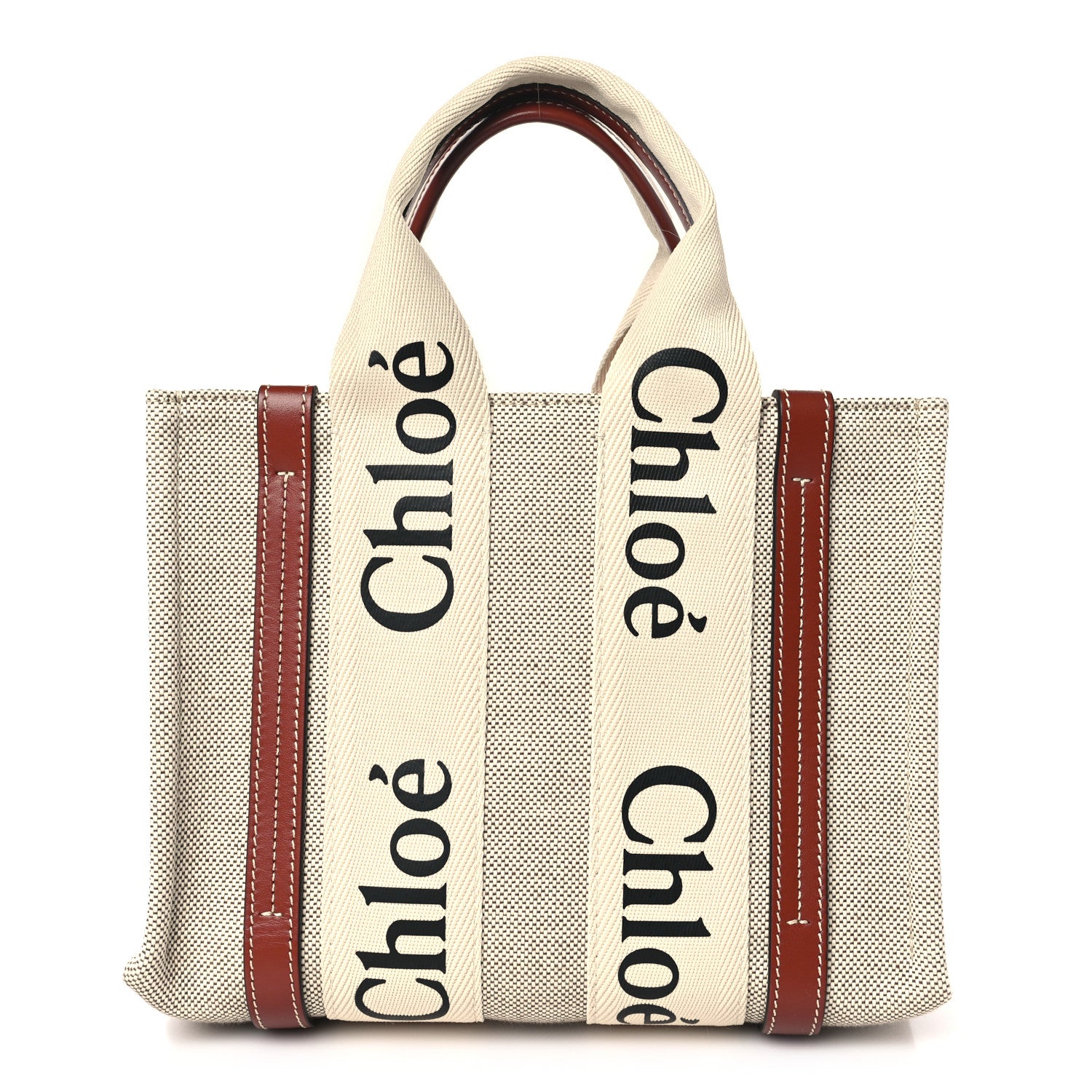 Chloe Cotton Calfskin Small Woody Ribbon Tote White Brown 1 of 10