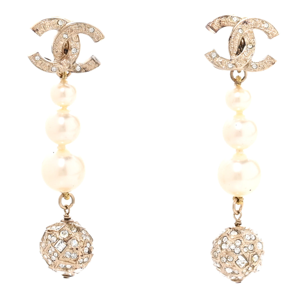 Chanel Crystal Pearl CC Drop Clip On Earrings Gold Pearly White 1 of 4
