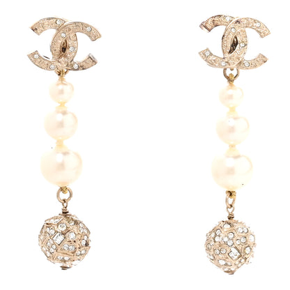 Chanel Crystal Pearl CC Drop Clip On Earrings Gold Pearly White 1 of 4