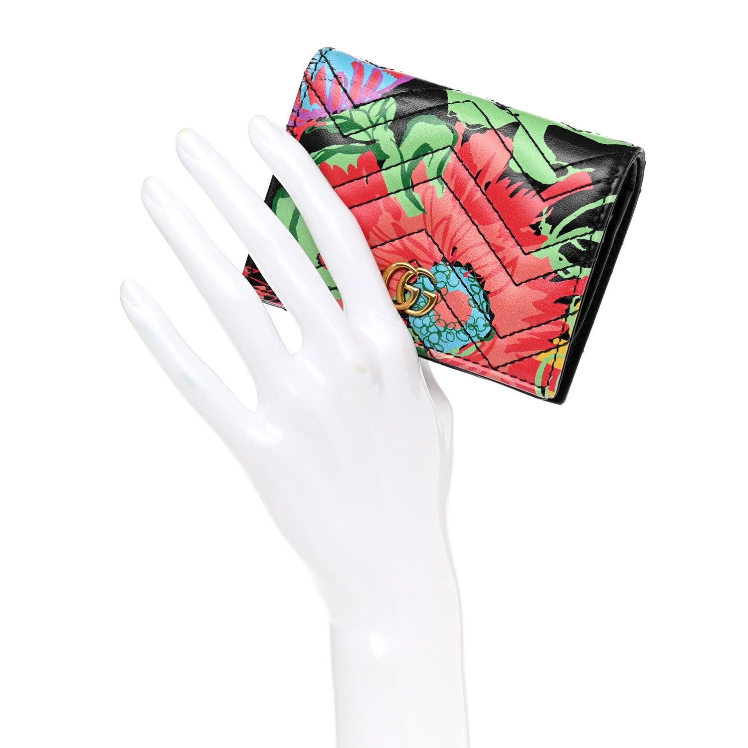 Gucci X KEN SCOTT Calfskin Matelasse Floral Print GG Marmont Card Case Wallet Black 2 of 12