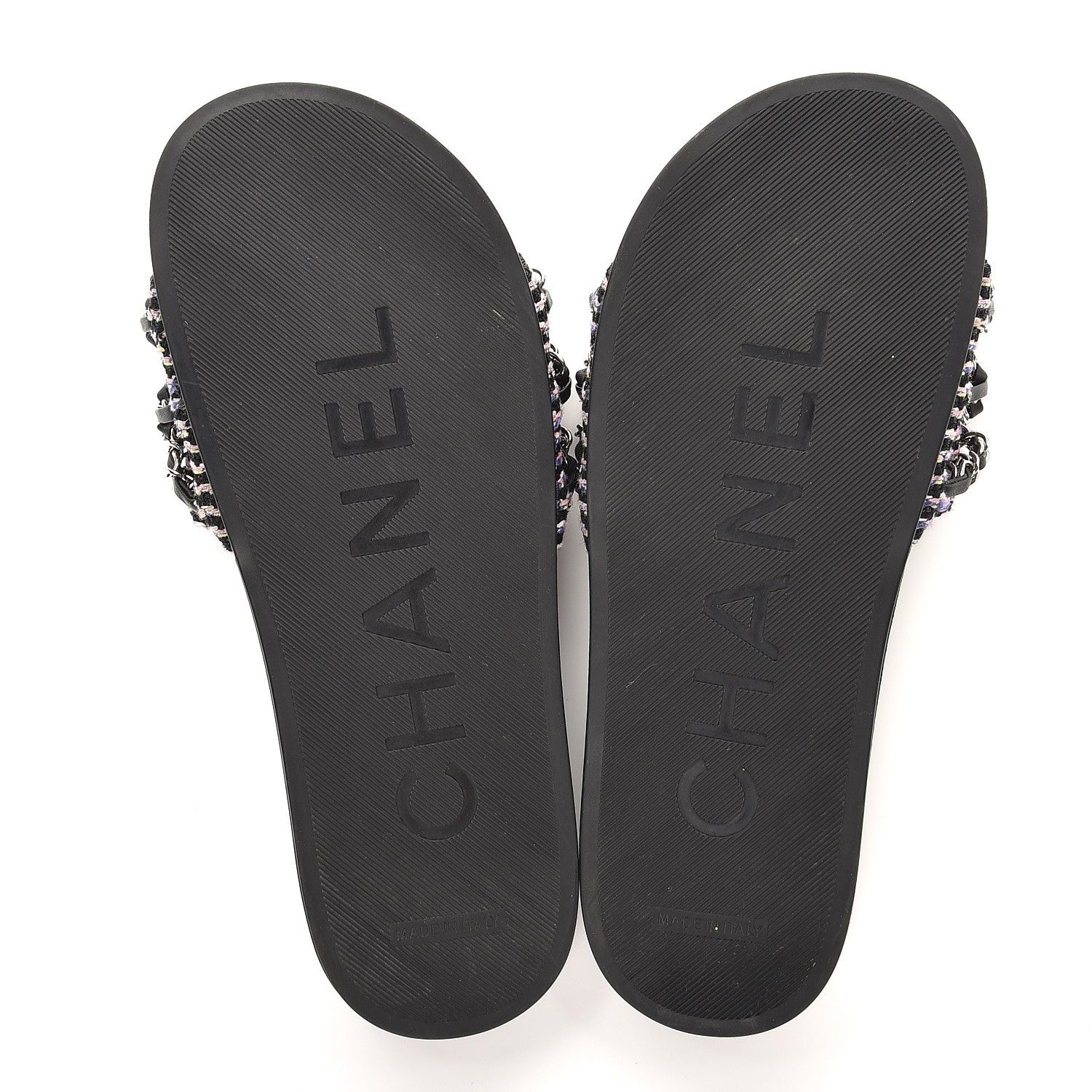 Chanel Tweed Lambskin Chain Flat Sandals 38 Black Multicolor 5 of 8