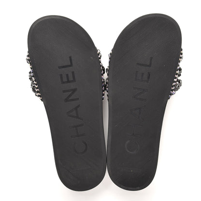 Chanel Tweed Lambskin Chain Flat Sandals 38 Black Multicolor 5 of 8
