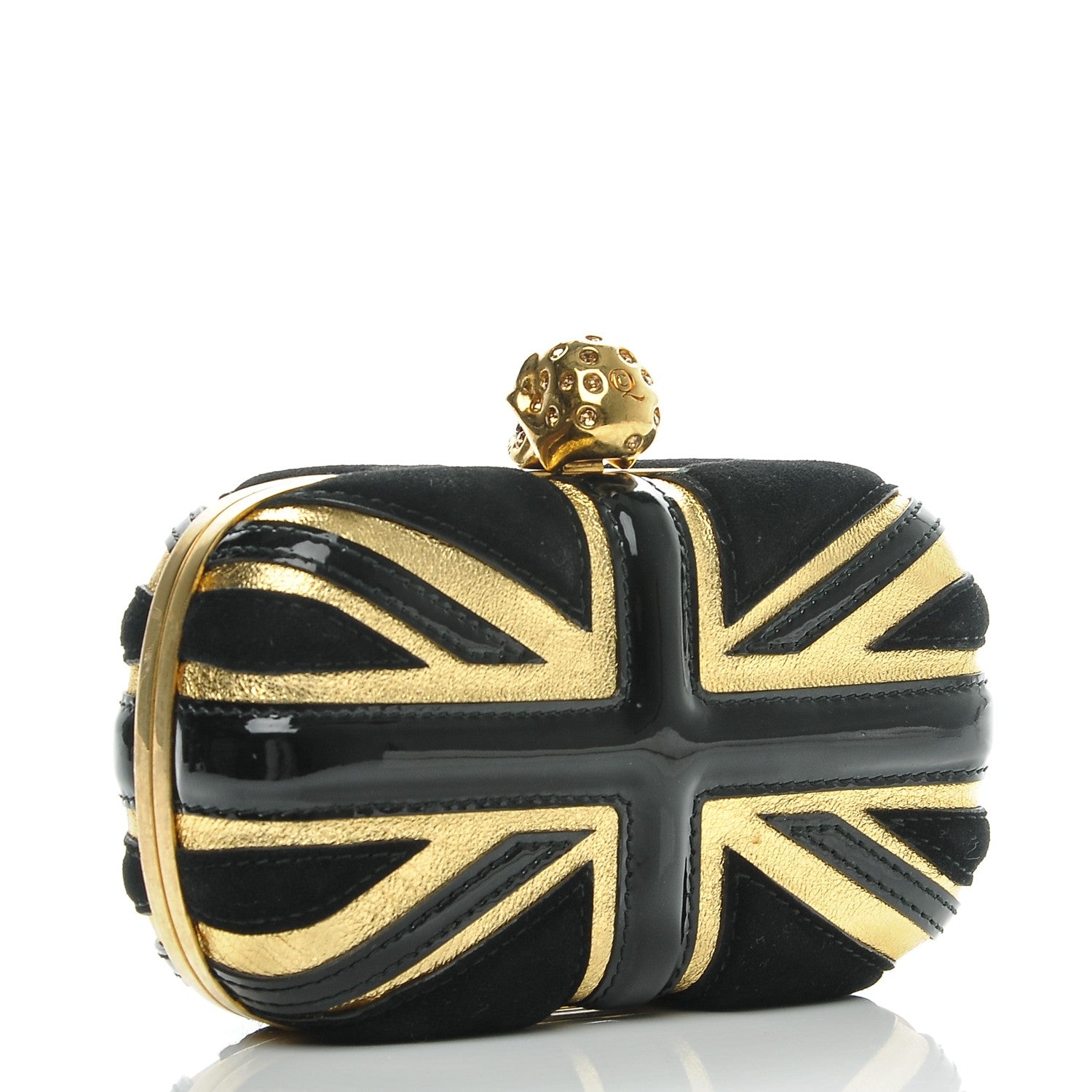 Alexander McQueen Patent Calfskin Suede Britannia Skull Box Clutch Black Gold 3 of 7