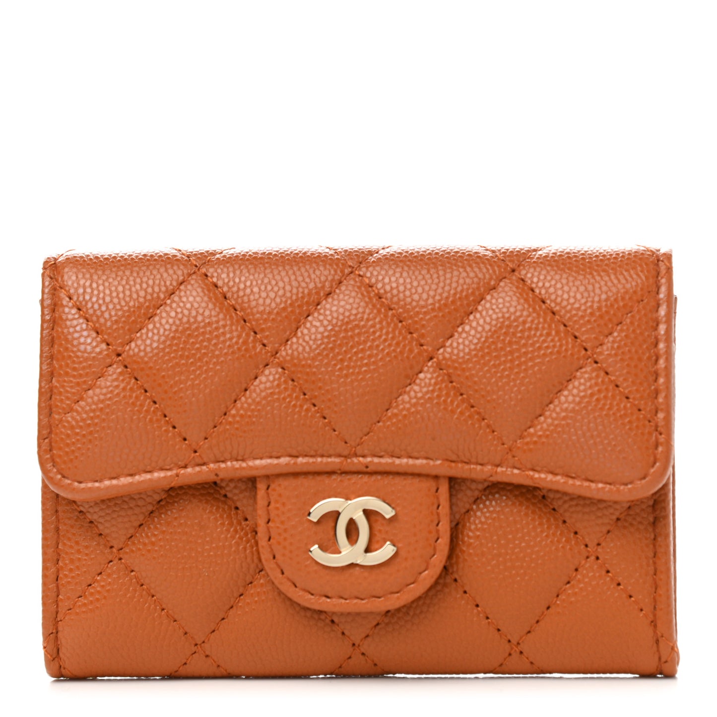 Caviar Quilted Flap Card Holder Wallet Light Brown
