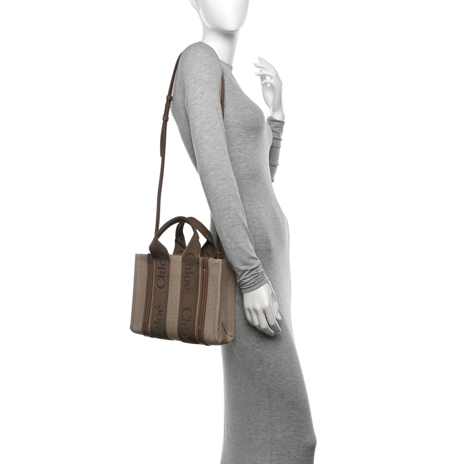 Chloe Linen Calfskin Small Woody Ribbon Tote With Strap Dark Nut 2 of 10