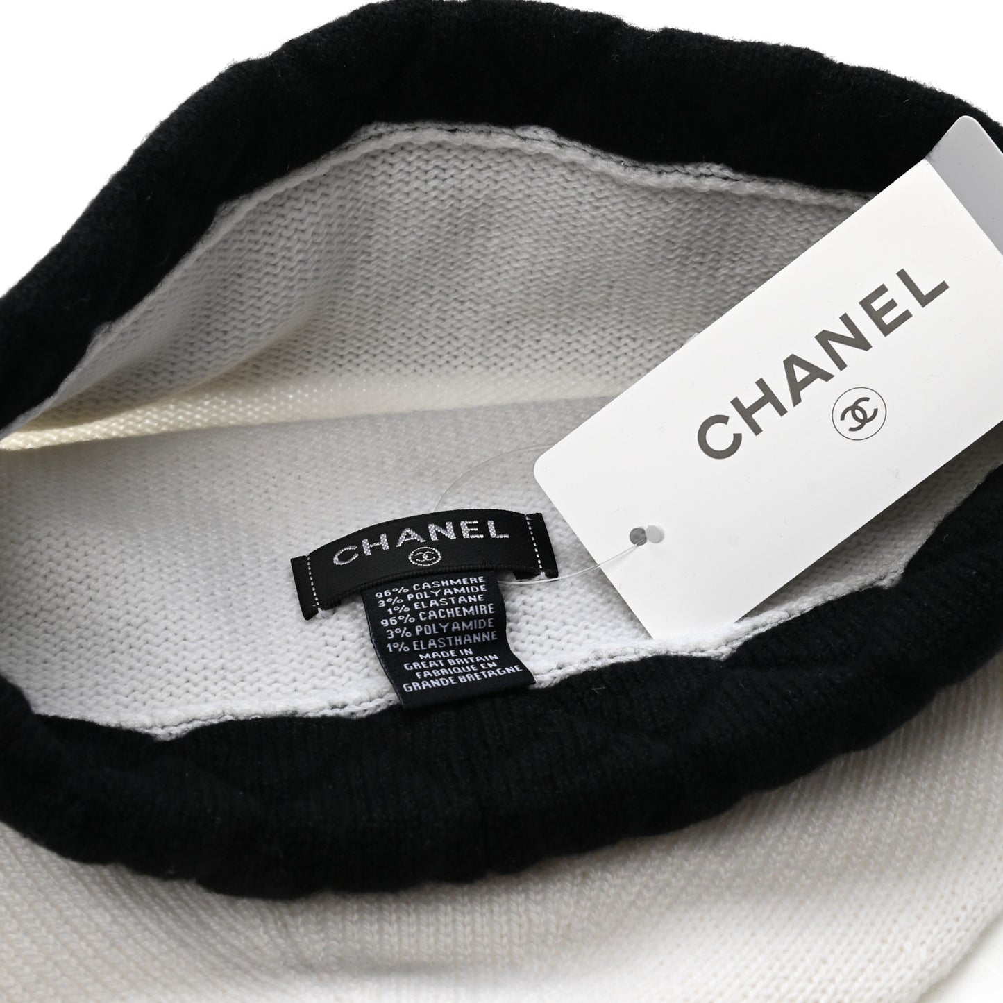 Cashmere Quilted CC Beanie Hat White Black