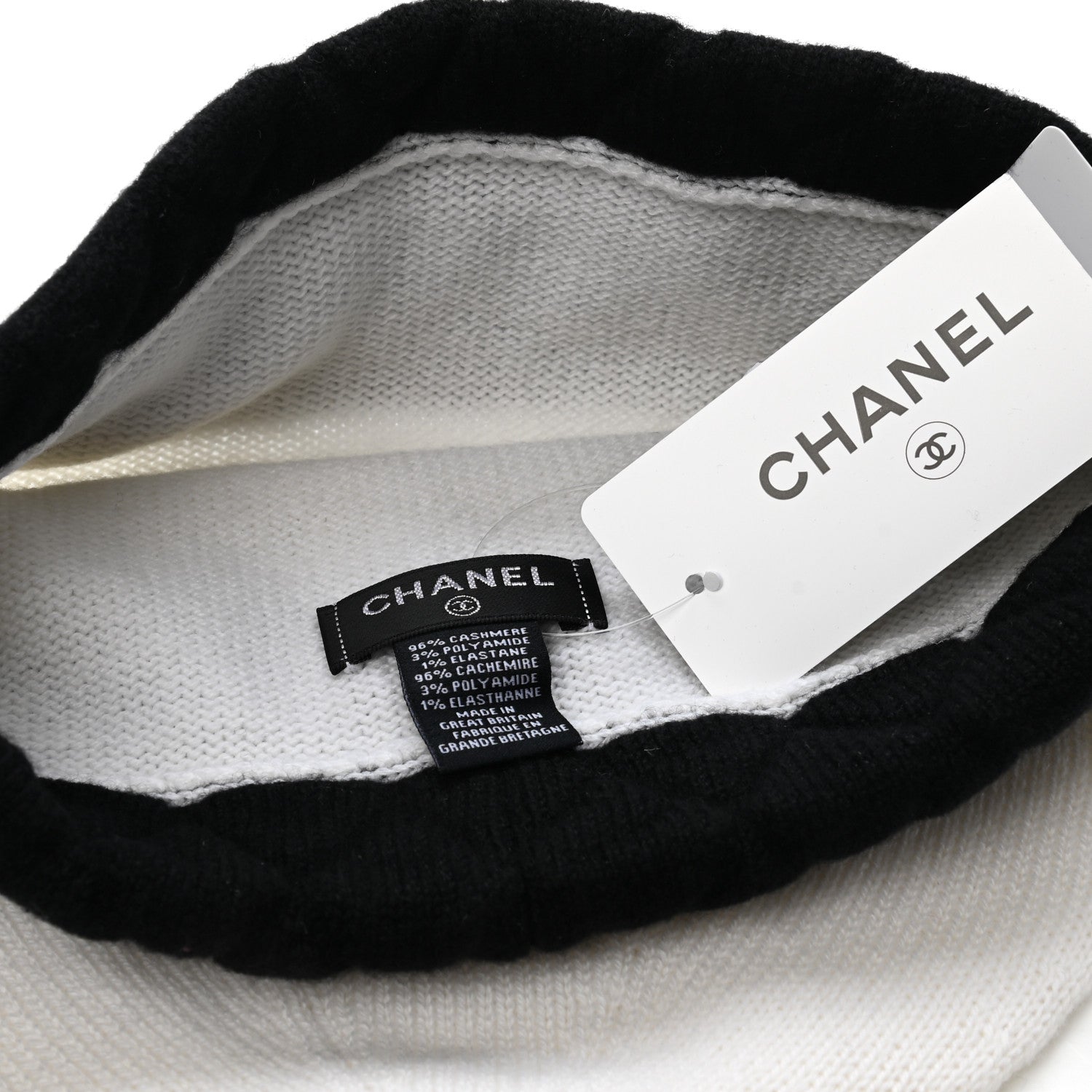 Chanel Cashmere Quilted CC Beanie Hat White Black 4 of 4
